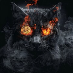 burning cat in smoke with fiery eyes made of bitcoin coins on a black background Job ID: 7d40b400-01db-4dac-91a2-d4c3b86db6b1