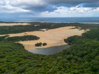 Aerial views of Lake Wabby on the sand island of K’gari, Queensland, Australia