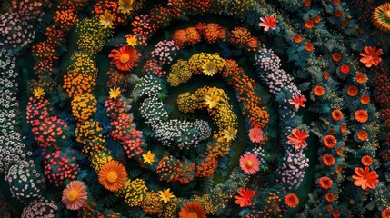 Aerial view of a colorful flower garden maze, showcasing a variety of blooms in different shapes and sizes. Background.