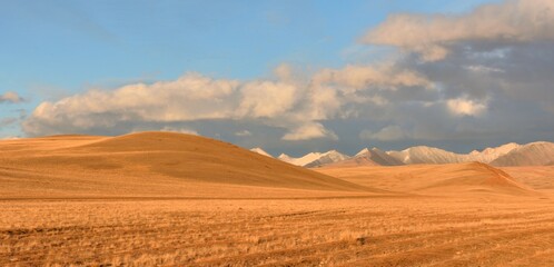 A high gentle hill with yellowed grass in a wide steppe and snow-capped mountain peaks in the background on a sunny autumn day.