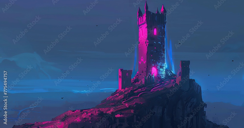 Sticker concept art for an epic brown wizard tower on a hill, neon pink and blue tiny windows, fantasy with  - Stickers