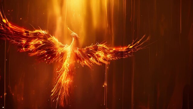 In a blaze of fiery light, the majestic phoenix spreads its wings and rises, bathed in a shower of flames. Golden, glowing particles swirl around its sacred form like magic. 