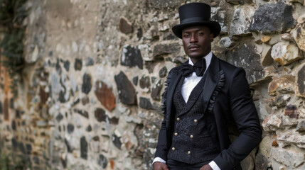 A dapper black man leans against an old stone wall his attire a perfect balance of romantic and gothic influences. His tailored black suit and cravat are elevated by the addition of .