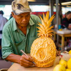 lifestyle photo pinneaple vendor carves artistic pineapplel.