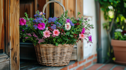 Naklejka premium A basket filled with colorful flowers sits on a window sill against a background of a quaint outdoor setting. Flower delivery concept. Copy space.