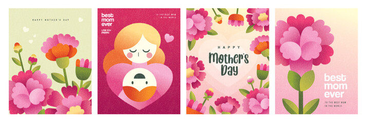Set of Happy Mother's Day flat vector illustration in geometry style. Mom with child, flowers and abstract geometric shapes.
