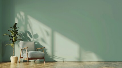 Living room with armchair on empty cadet blue colour wall background - obrazy, fototapety, plakaty
