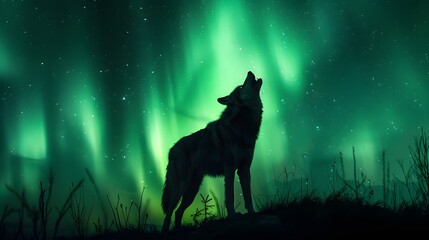 Aurora borealis Lone wolf stands tall, haunting howl echoing through silent wilderness