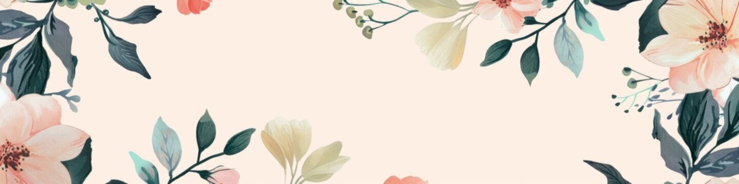 Pink flowers and green leaves on a floral wallpaper with a black border. Copy space. Banner.