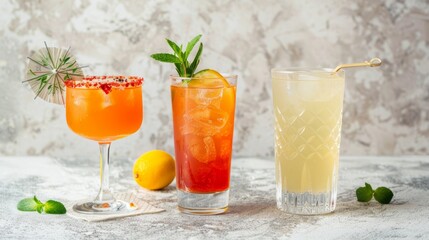 Fototapeta premium Set of multicolored summer drinks isolated grey background.