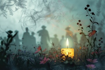Mystical Candlelight Vigil with Daisies, Ethereal Smoke and Shadowy Figures in Background
