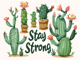 Blooming cacti standing tall in a group with the words "Stay Strong" displayed for encouragement, white background. Cinco de Mayo concept.