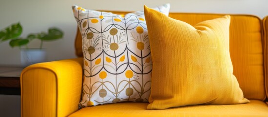 Yellow couch with two pillows and a plant in a pot