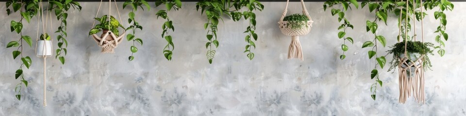 A variety of plants hanging from a wall, creating a bohemian chic look. Banner. Copy space. - obrazy, fototapety, plakaty