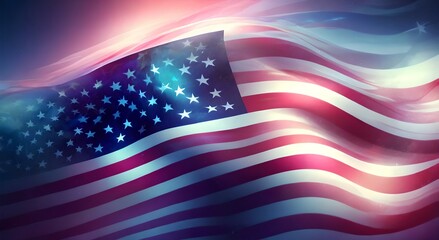 Abstract American Flag Waves, Modern Artistic Representation, Lens Flare Enhancement, Patriotic Background
