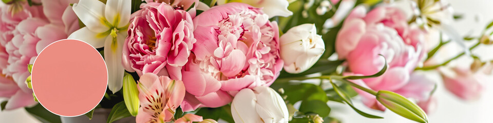A vase filled with an arrangement of pink and white flowers illuminated by bright sunlight. Banner. Background. Copy space.