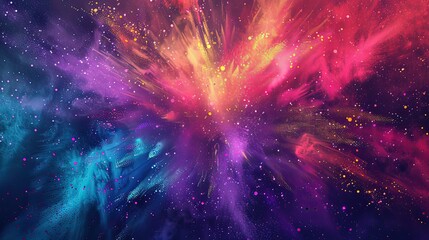 Holiday Holi concept, explosion of multicolored colors Vivid, bright pigments Noisy dust and powder The sound flickers and shimmers. Hand drawn background for design