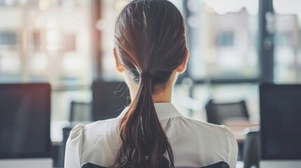 A woman with a ponytail is focused on her work at a desk - obrazy, fototapety, plakaty