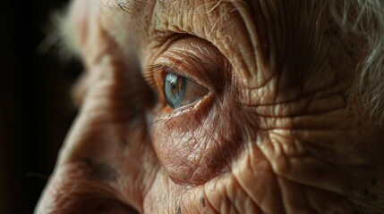 Detailed view of an elderly womans eye, showcasing wrinkles and age-related changes in the skin