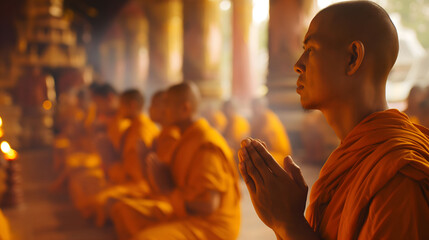 Buddhist monks pray in the morning at the Temple. Thailand culture about religion - obrazy, fototapety, plakaty