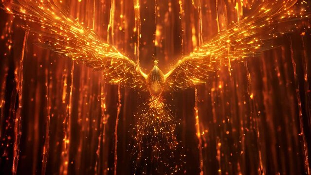 In a blaze of fiery light, the majestic phoenix spreads its wings and rises, bathed in a shower of flames. Golden, glowing particles swirl around its sacred form like magic. 