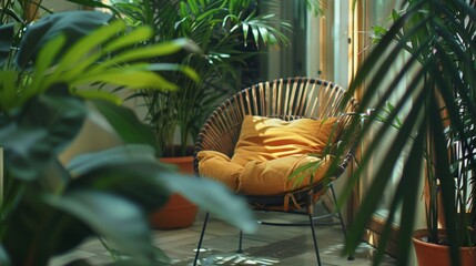 A sleek wicker chair is surrounded by various plants in a stylish room setting - 775497502