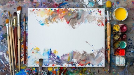 A white sheet of paper is surrounded by a variety of colorful paint and various brushes in an artistic workspace setup