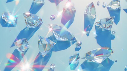 A group of diamonds flying through the air after being released from a broken Swarovski glass prism