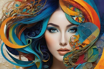 a creative woman in abstract adorned with flowing lines and vibrant colors her hair