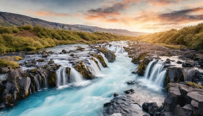 Fototapeta na wymiar wonderful summer view of bruarfoss waterfall secluded spot with cascading blue waters great sunset in iceland europe beauty of nature concept background