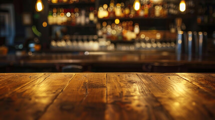 Empty wooden table and countertop with blurred bar background for product placement design