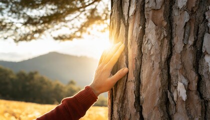 man hand touch the tree trunk bark wood caring for the environment the ecology the concept of...