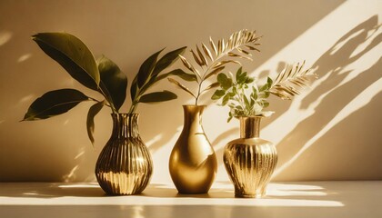 jolis vases decoratifs avec plante et feuilles sur fond clair arriere plan beige sobre elegant pour conception et creation graphique - obrazy, fototapety, plakaty