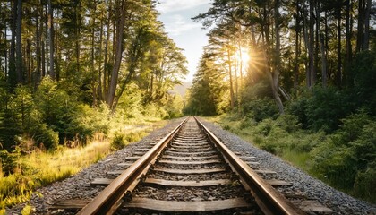 old railroad tracks in a green forest - obrazy, fototapety, plakaty