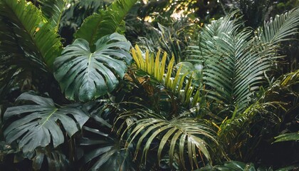 tropical rainforest foliage plants bushes ferns palm philodendrons and tropic plants leaves in tropical garden on black background green variegated leaves pattern nature frame forest background