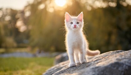 Naklejka na ściany i meble cute white kitten in park in nature stands on stone