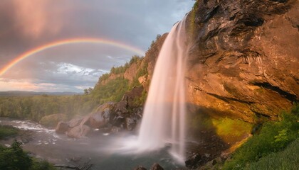 scenic view of waterfall and rainbow