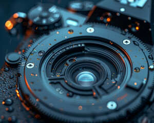 Fototapeta na wymiar Close-up of a camera lens on a circuit board, technology or electronics-related.