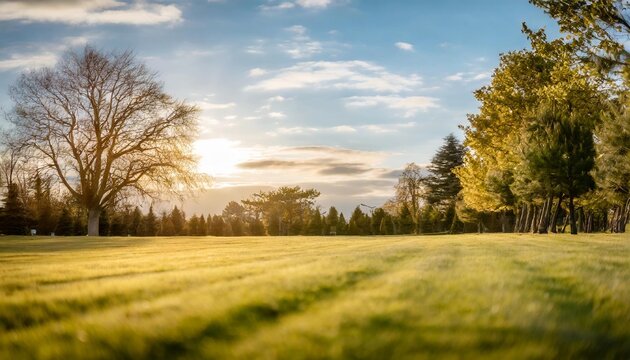 beautiful blurred background image of spring nature with a neatly trimmed lawn surrounded by trees against a blue sky with clouds on a bright sunny day