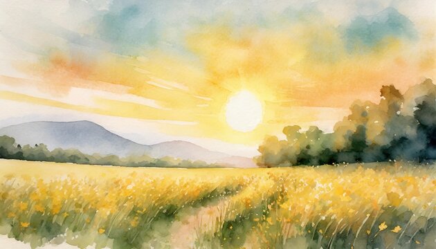 ai generated ai generative watercolor ink drawing painting field meadow sun nature outdoor landscape background graphic art