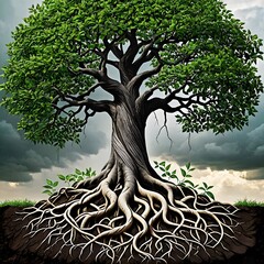 draw a tree with roots symbolizing inner strength and branches representing different emotions 