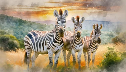 Fotobehang zebra family in the wild drawn with watercolor © Adrian