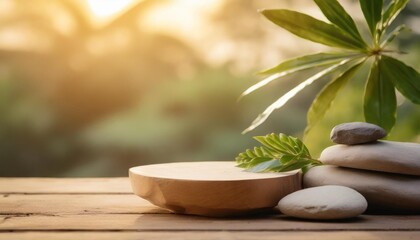 wooden product display podium with nature leaves zen stones and green plant on nature background spa and wellness concept