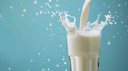 Fresh milk into the glass on light blue background. - obrazy, fototapety, plakaty