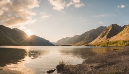 panoramic view on mountain lake in front of mountain range during sunset national park in altai republic siberia russia - obrazy, fototapety, plakaty