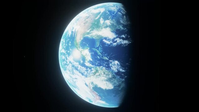 The world rotates below, seen from high above in orbit in an animated 4K 3D concept, with grunge, film grain and bloom. Simulated film footage from space
