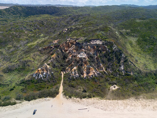 Aerial view of the Pinnacles geological formation along 75 mile beach on the sand island of K’gari, Queensland, Australia