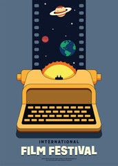 Movie and film festival poster template design with vintage typewriter and filmstrip