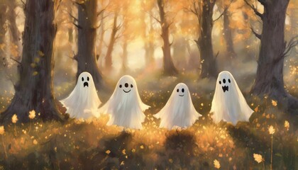 happy little ghosts playing in a spooky forest fantasy concept illustration painting