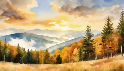 watercolor style scenic autumn fall landscape pine forest trees panoramic vista gorgeous clouds and mountain hills tranquil and peaceful outdoor nature art